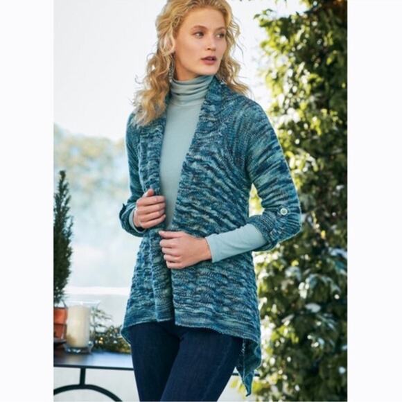 Soft Surroundings Zadie Open Front Blue Marled Knit Sweater Cardigan Size Medium - Picture 1 of 12